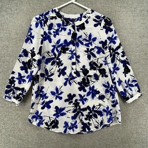 NYDJ Top Blouse 3/4 Sleeve Women Size XS White Blue Floral Casual